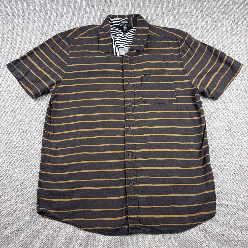 Volcom Men's Modern Fit Short Sleeve Button Down Shirt Brown Striped Sz L